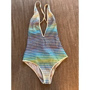 Missoni Mare Women's Chevron Stripe One Piece Grey Blue Green Size 44 Italy US10